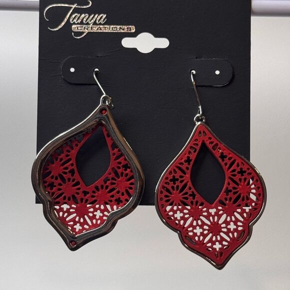 Red and Silver Teardrop Earrings with Intricate Cutout Design 2.25 inch - Picture 2 of 4